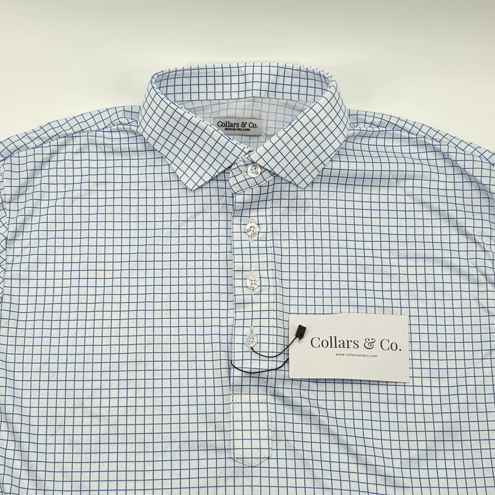 Collars & Co Dress Collar Polo Mens Medium Blue Gingham Stretch‎ Relaxed Shirt